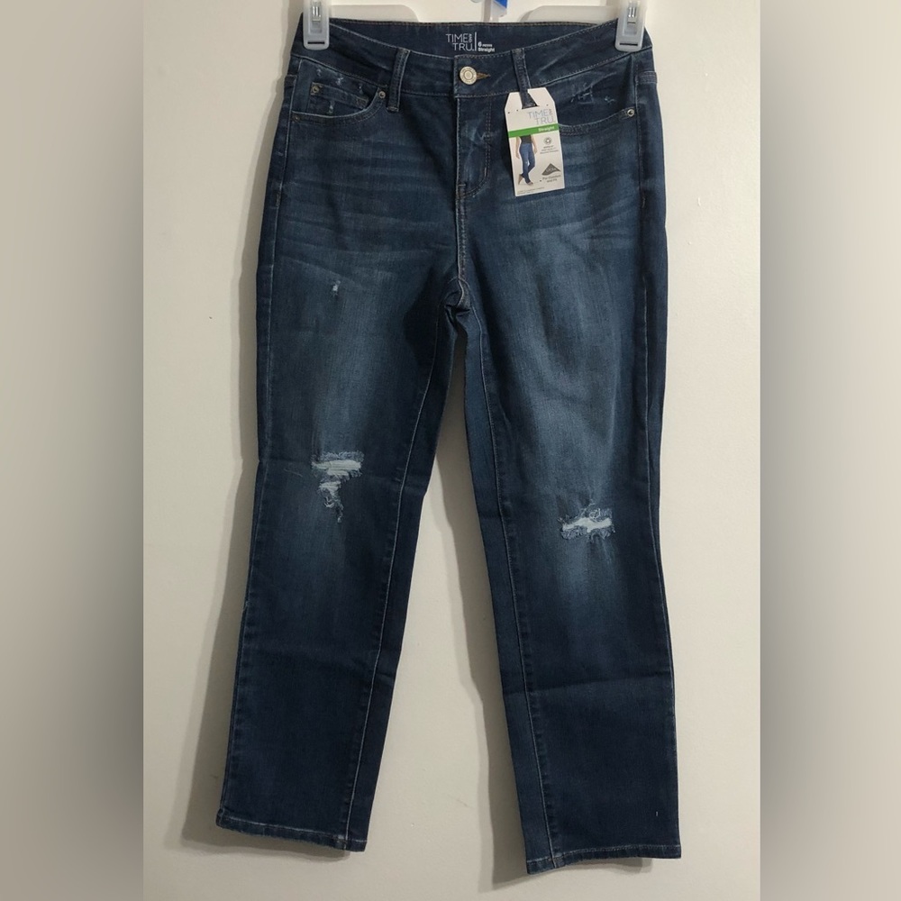 Jeans mid rise straight modern lycra stretch distressed for women. Size 6p